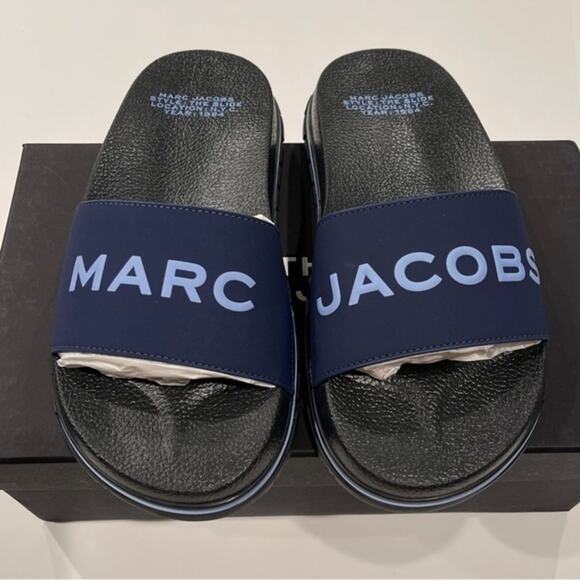 Marc Jacobs Slides Womens Size 5 Navy Blue Logo Slip On Sandals Pool Beach NIB - Picture 8 of 16